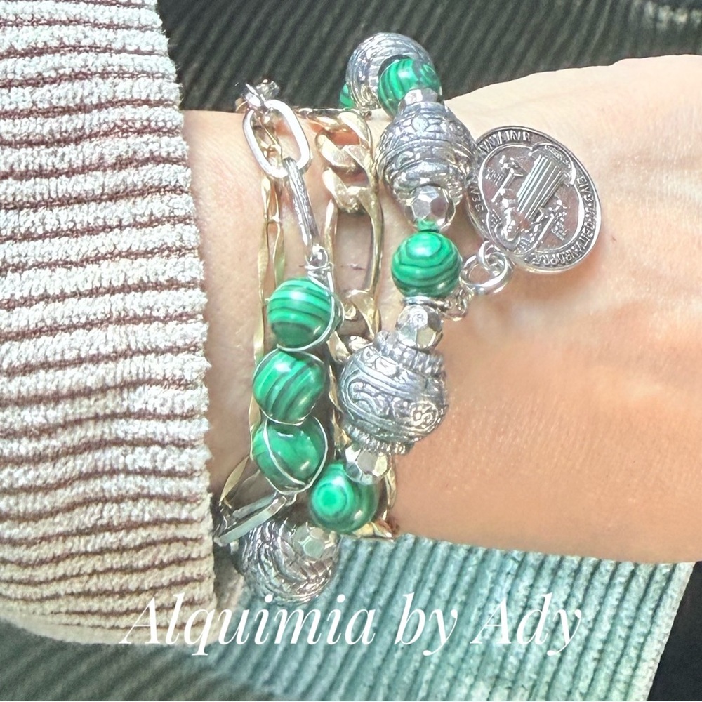 Malachite silver big Saint Benedict medal Beaded Bracelet - Picture 2 of 14